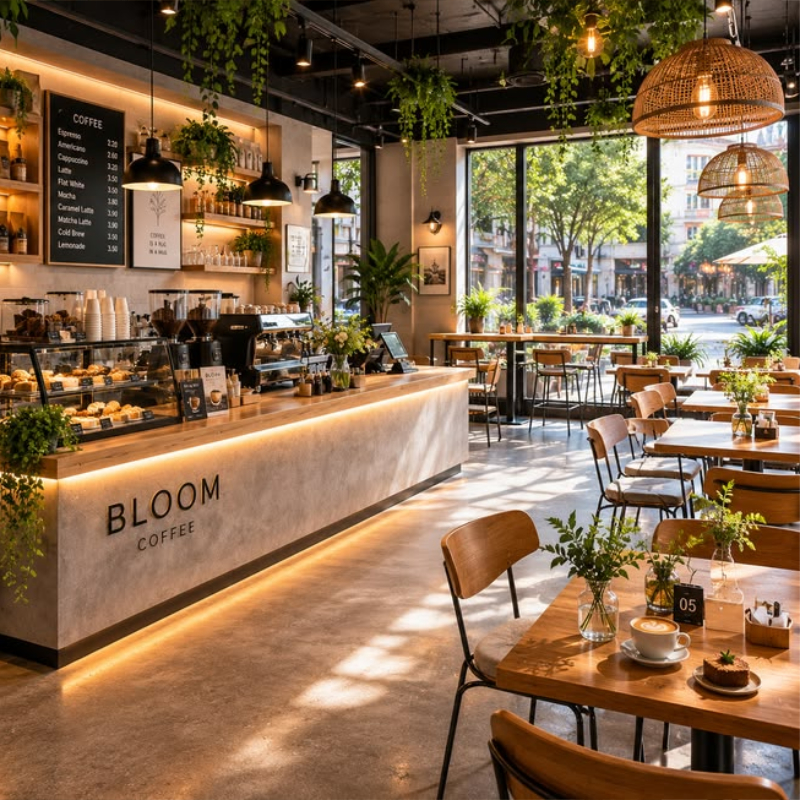 Mẫu thiết kế quán cafe Hàn Quốc không gian mở ngập tràn ánh nắng và cây xanh