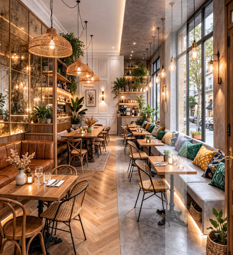 Mẫu thiết kế quán cafe Hàn Quốc bàn ghế gỗ và vách kính hiện đại