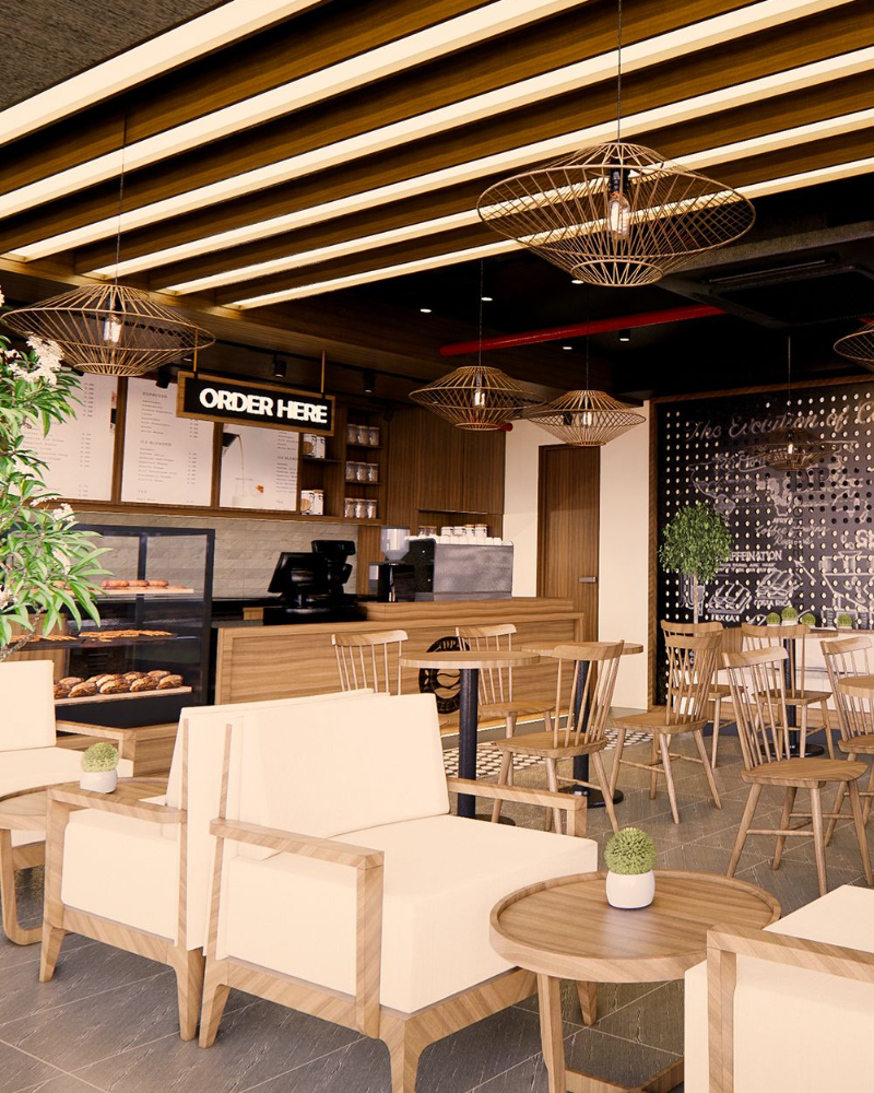 Mẫu thiết kế quán cafe Hàn Quốc hiện đại với trần nan gỗ và đèn lồng mây tre