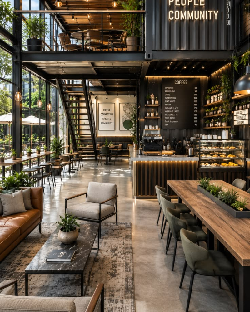 Mẫu quán cafe Hàn Quốc với gác lửng khung thép hiện đại