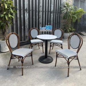 Bàn ghế mây nhựa ngoài trời khung nhôm vân gỗ BGNGMBP104