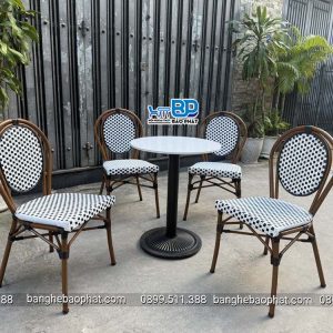 Bàn ghế mây nhựa ngoài trời khung nhôm vân gỗ BGNGMBP104