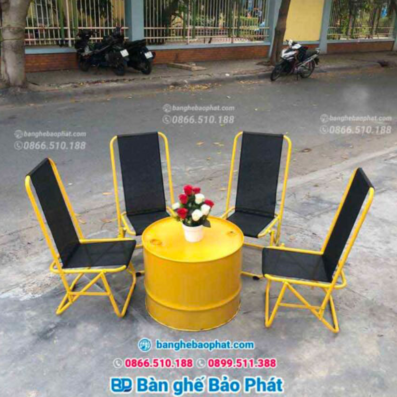 Bàn ghế xếp cafe vải bố khung sắt sơn tĩnh điện kết hợp bàn thùng phi BP005