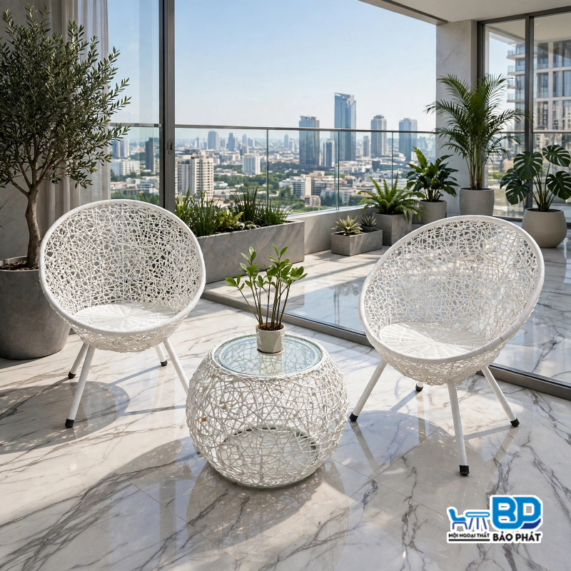 Bộ bàn ghế mây ban công chung cư nhỏ gọn đan rối