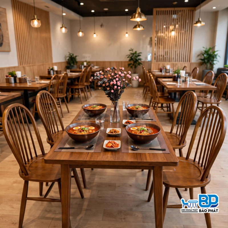 Bộ bàn ghế quán mì cay gỗ bọc da ghế Windsor bàn Ashley