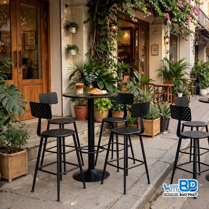 Ghế bar cafe màu đen chân sắt mặt sắt cnc