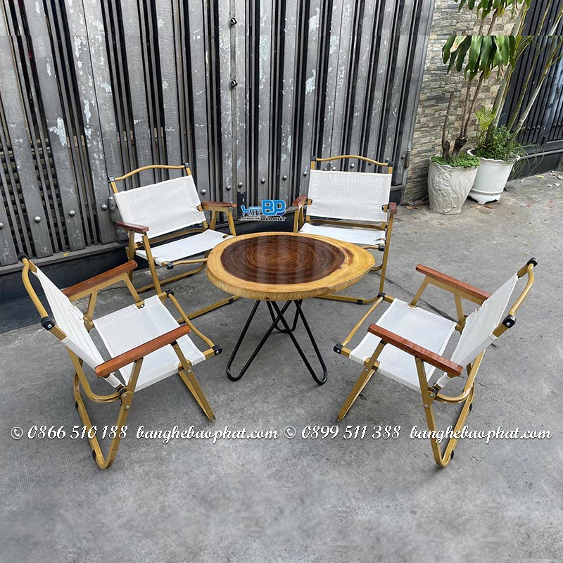 Ghế cafe lưới xếp khung sắt ốp tay gỗ