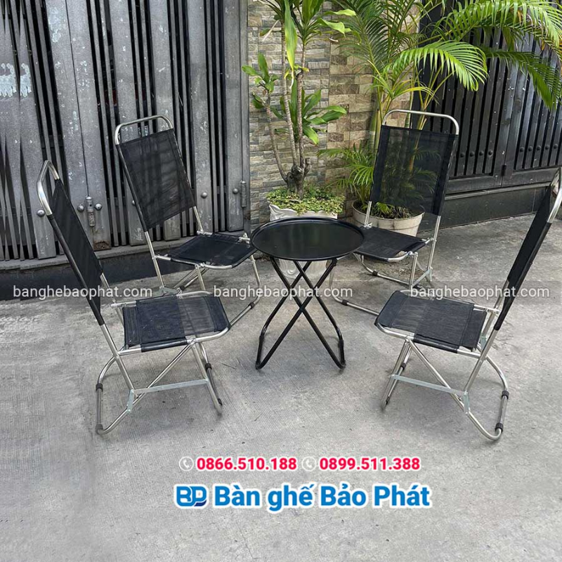 Ghế xếp cafe màu đen khung inox lưng cao, lưới textilene