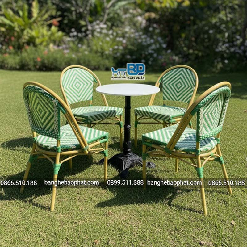Ghế cafe màu xanh nhựa giả mây ngoài trời